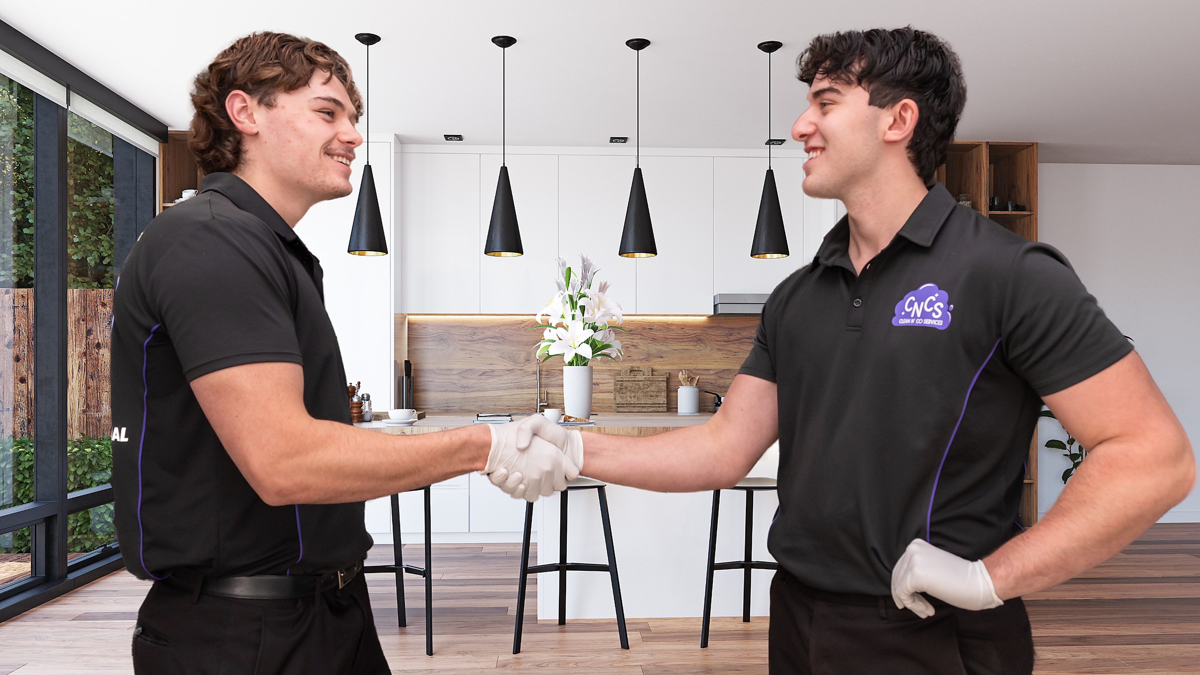 Liam and Andrew, the founders of Clean N' Co, shaking hands in a Melbourne kitchen